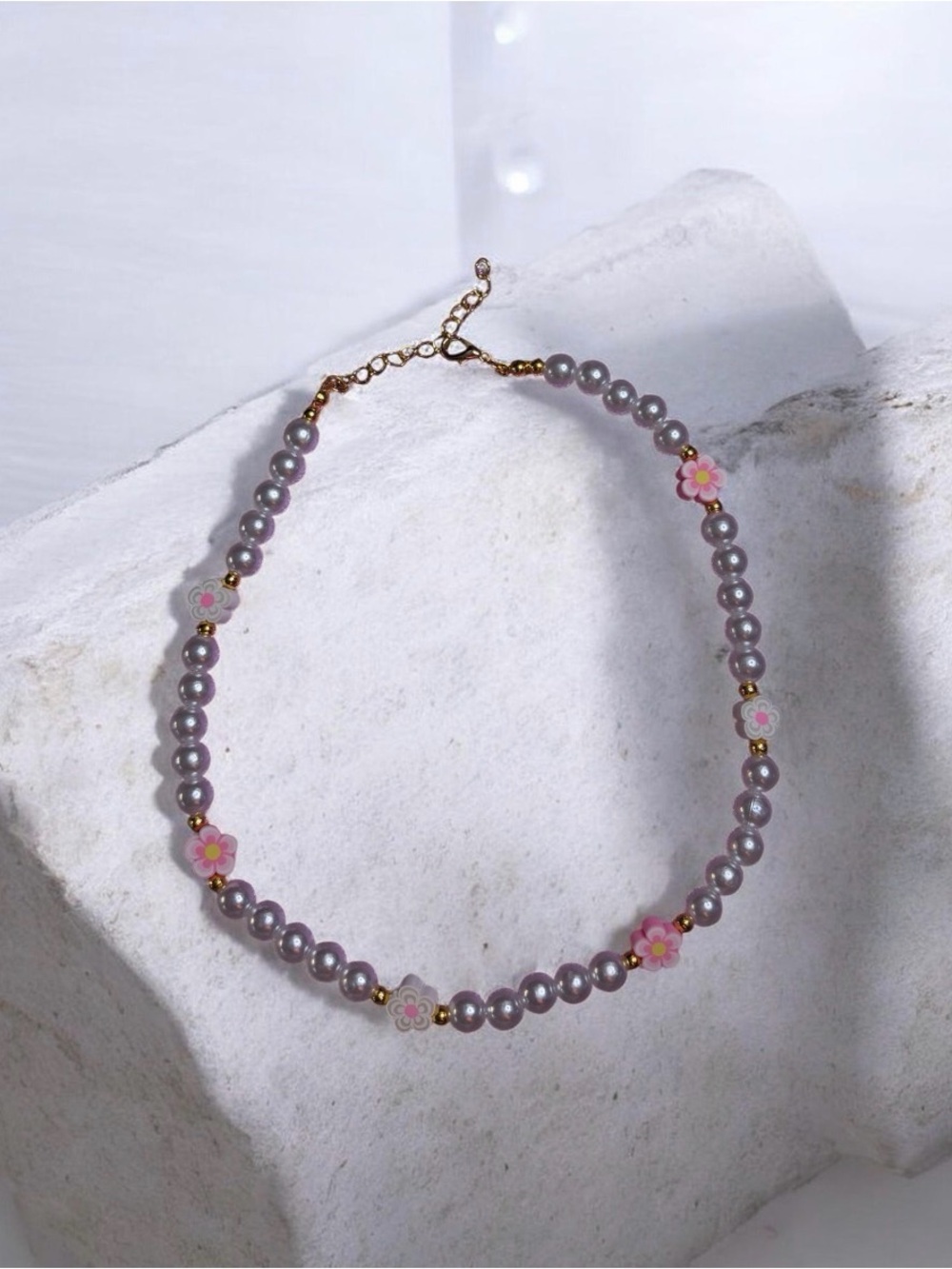 AND Pink Flower Lavender Pearl Choker Necklace